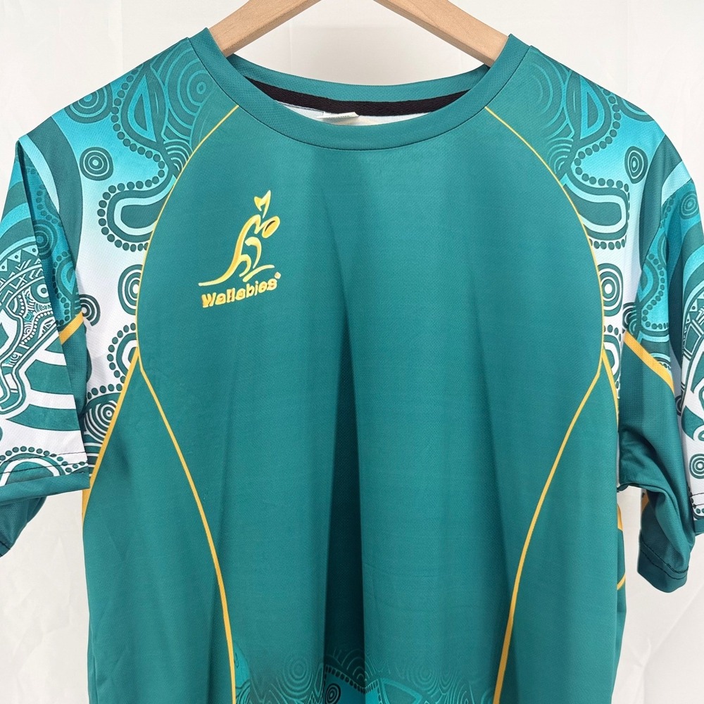 Wallabies Australia Rugby Indigenous Art Training Jersey Green Teal Mens XL - Picture 3 of 8